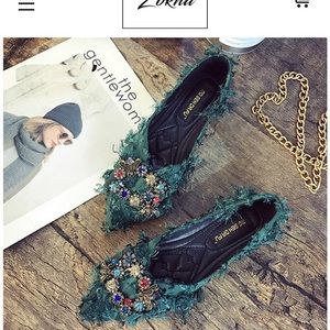 Zokna Emerald Green bejeweled flats